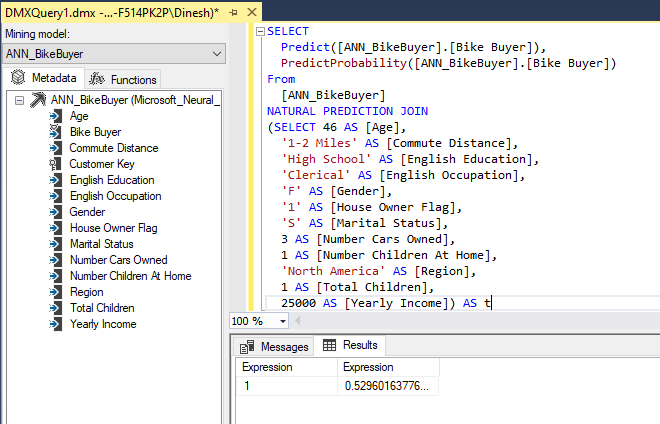 Prediction using DMX query for the Bike Buyer Model 