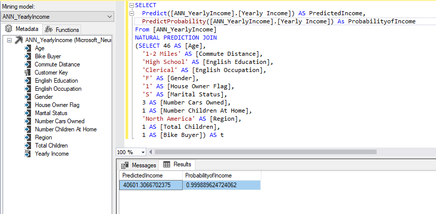 Prediction using DMX query for Yearly Income Model 