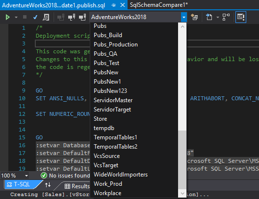 Selecting different SQL Server database from the Databases drop-down list 