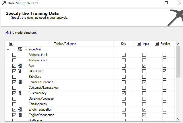 Selecting Input and Predict attributes.