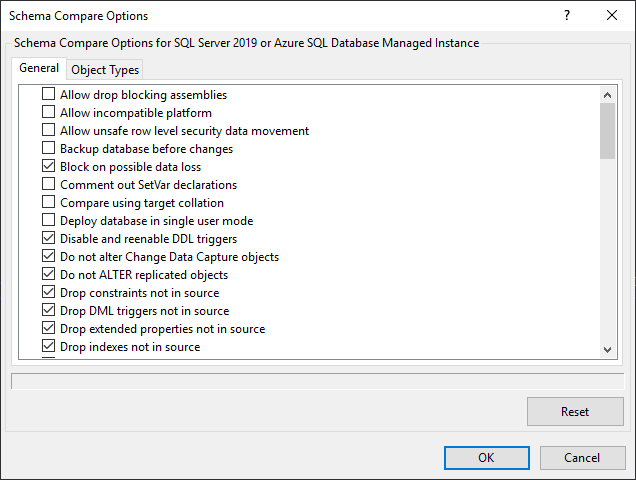 The General tab under the Schema Compare options window