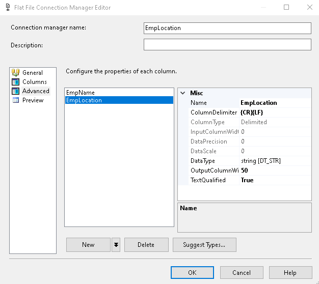 verify the properties of the column