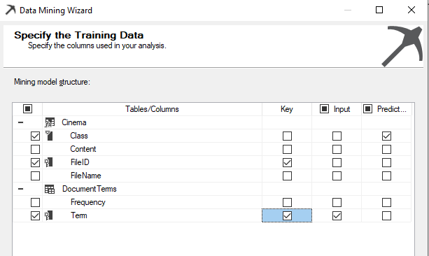 Configuration of Key, Input and Prediction columns