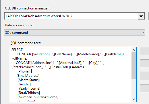 Configuration of OLEDB Source for ProspectiveBuyer query.