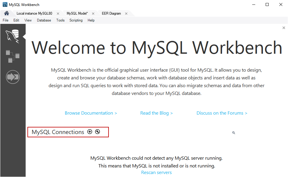 MySQL create table example: Welcome screen