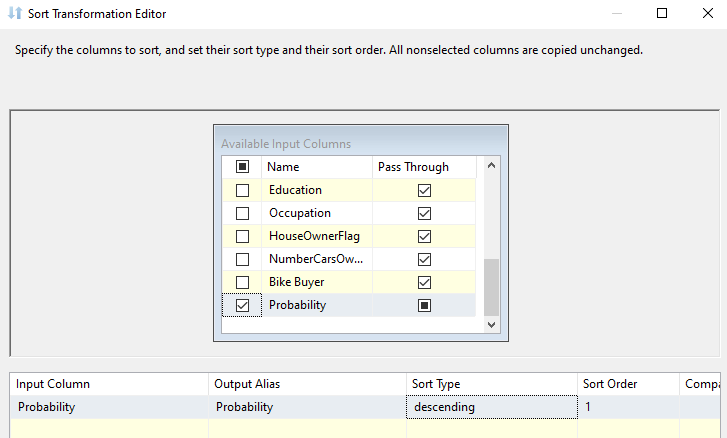 Sort Transformation Editor.