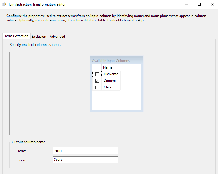 Text Mining in SQL Server: Term Extraction configuration in Term Extraction Editor.