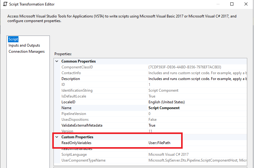 Configuration of the Script tab in the Script Transformation Editor