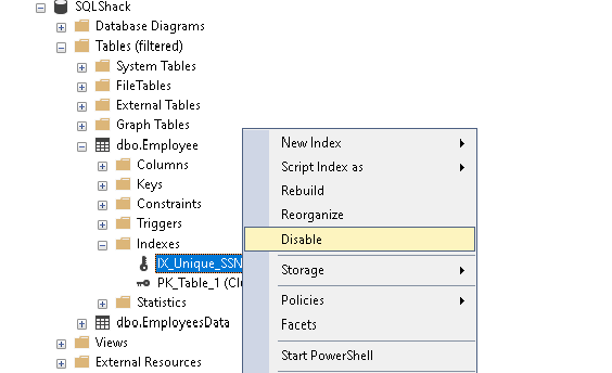 Constraintes en SQL : Disable index