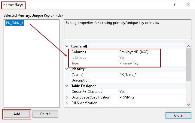 Crea un nuovo indice SQL Server