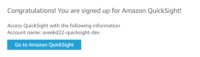 QuickSight Account signup successful