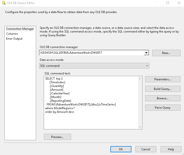 Specify SQL command