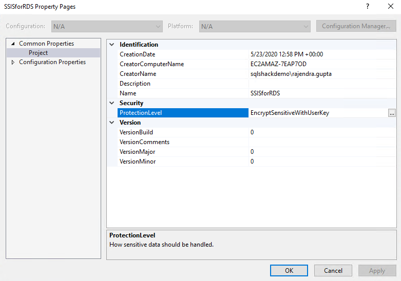 SSIS solution properties for AWS RDS SQL Server