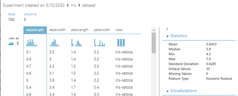 Statistical details such as mean, median, minimum, maximum, standard deviation, Unique values, missing values 