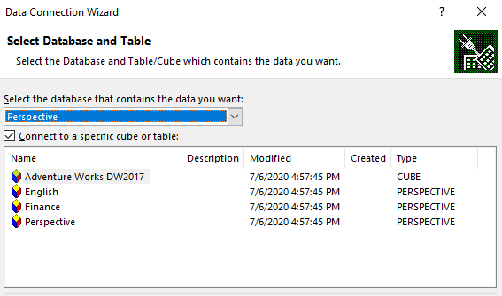 Connecting to the Perspective using Excel