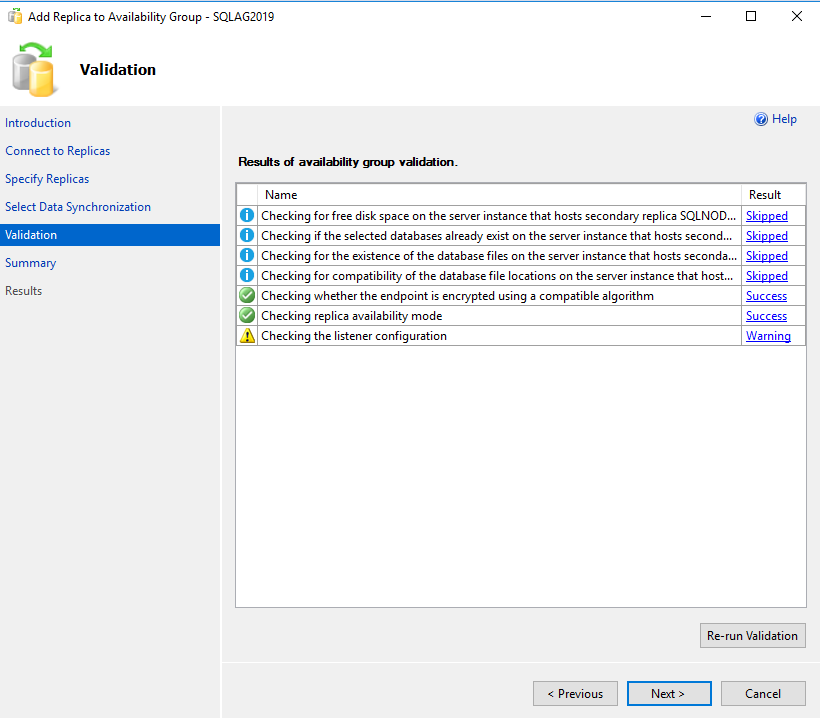 Result of availability group validation