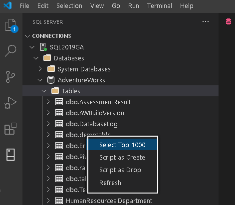 Script table menu options