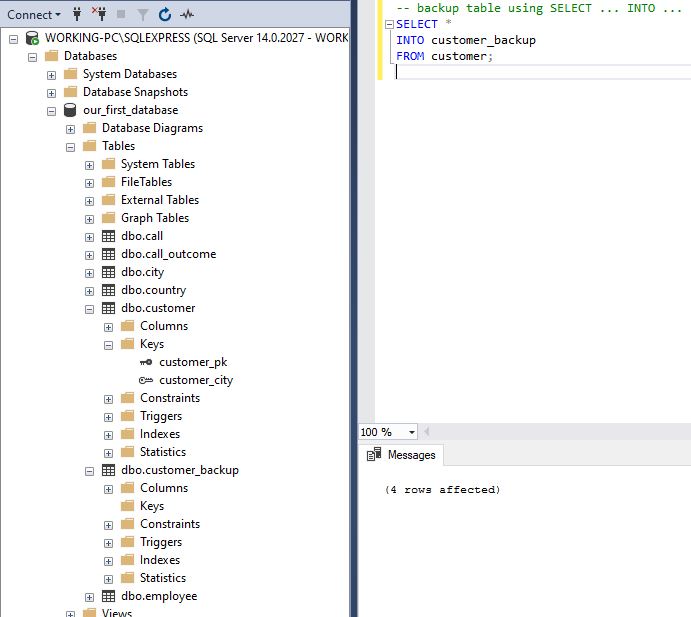 SQL backup table using SELECT INTO