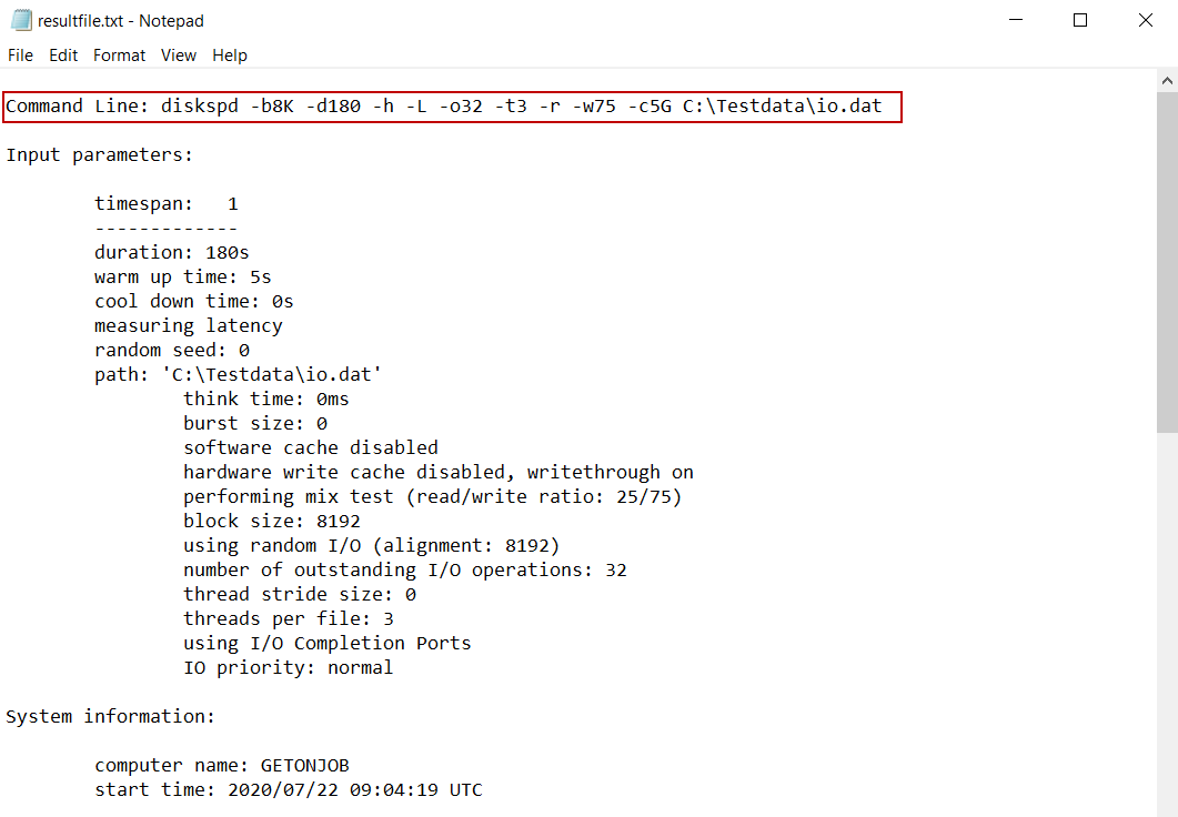 The first section of the storage subsystems performance test