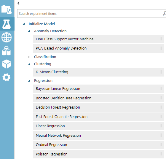 The list of available algorithms for Azure Machine Learning. 