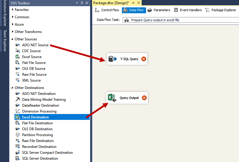 Add ADO.NET source and Excel destination