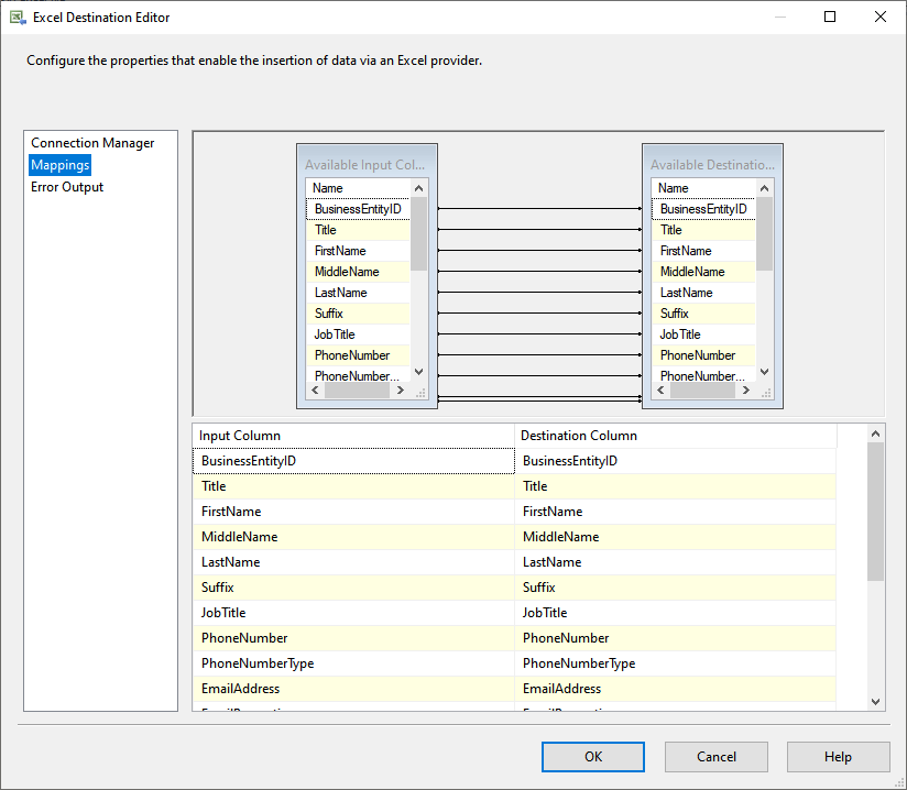 ADO.Net source and excel destination mapping