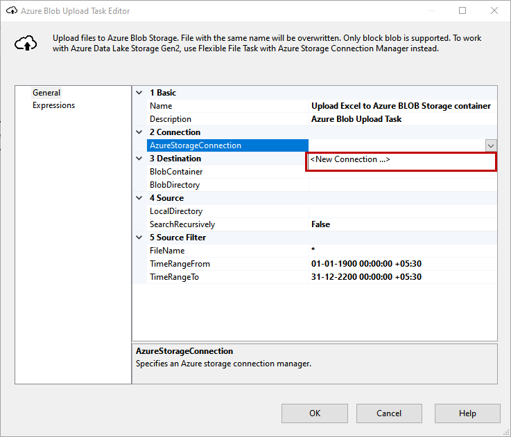 Azure Blob Upload task editor to connect to Azure Blob Storage