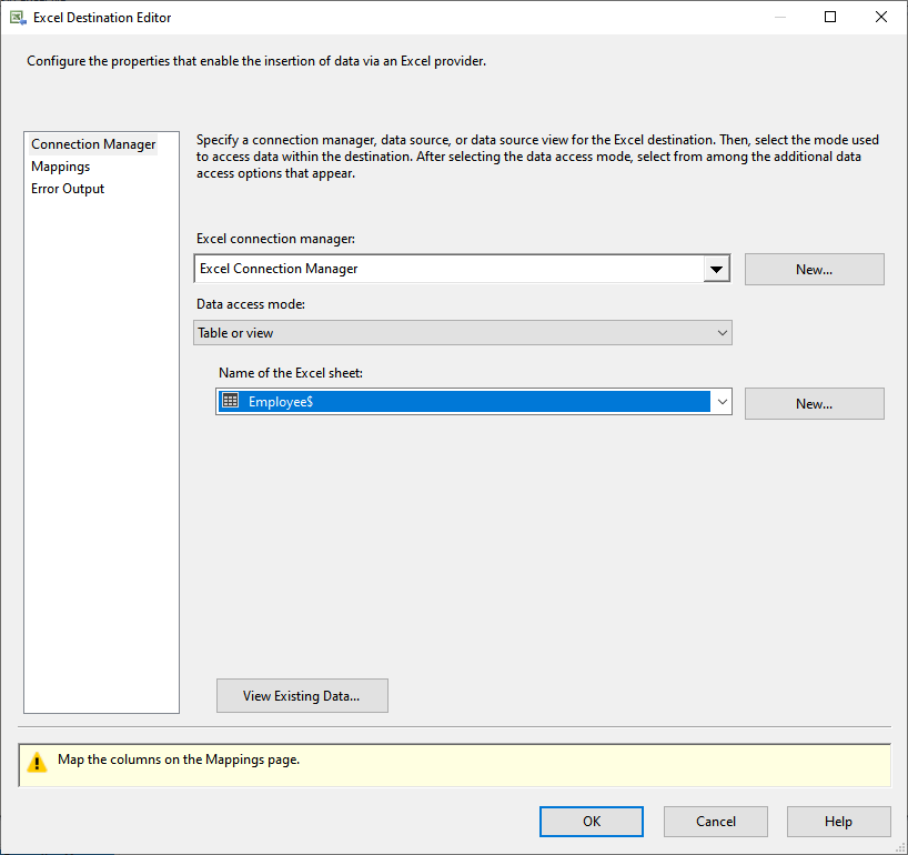 Choose data access method and name of excel sheet