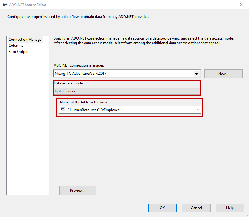 Choose database view