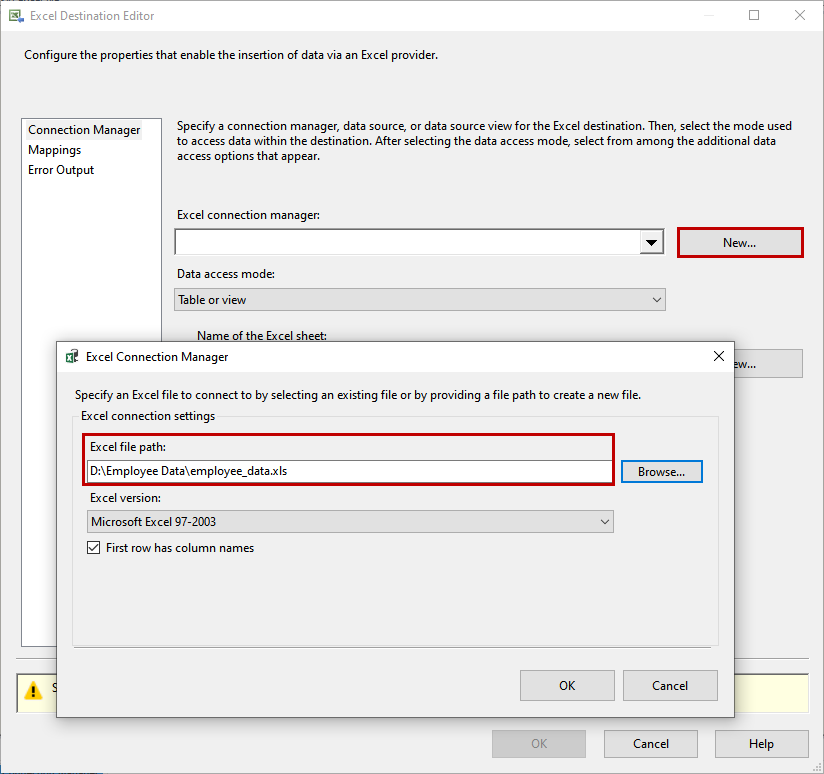 Configure Excel connection