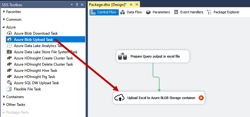 Drag and drop azure blob upload task in control flow window to configure Azure blob storage