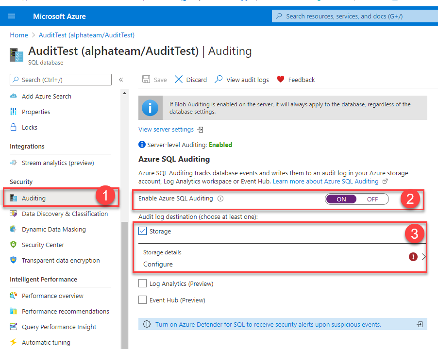 Auditing configuration page for database policy specification in Azure portal