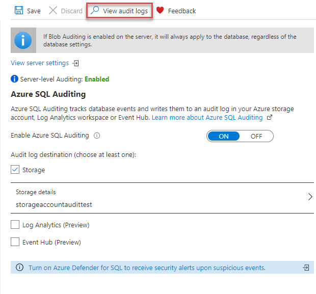 Auditing configuration page in Azure portal