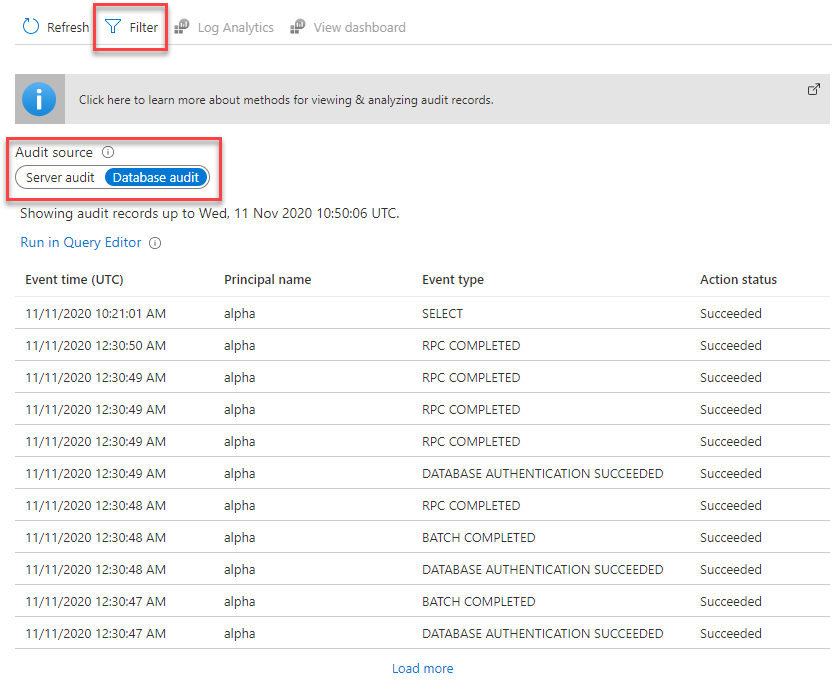 Azure portal view audit logs page