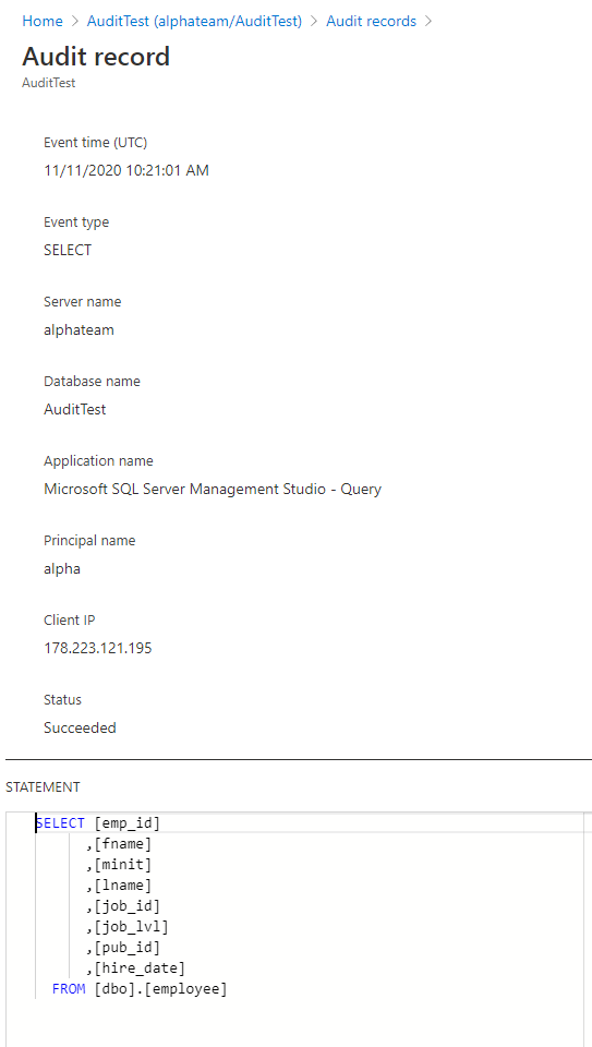 Azure SQL database auditing record overview in Azure portal