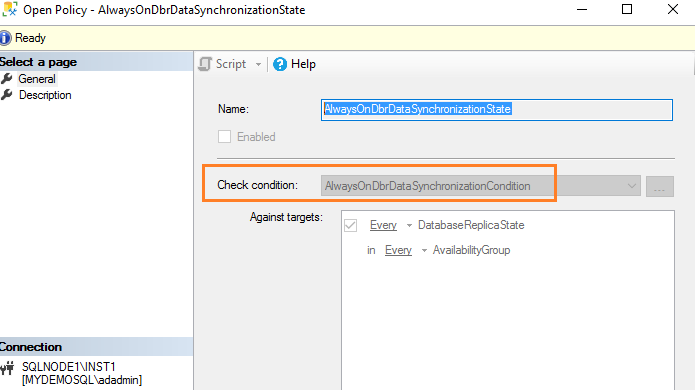 Evaluate AlwaysOnDbrDataSynchronizationState PBM policy for SQL Server Always On Availability Group