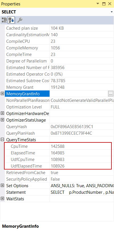 A select operator details in the execution plan