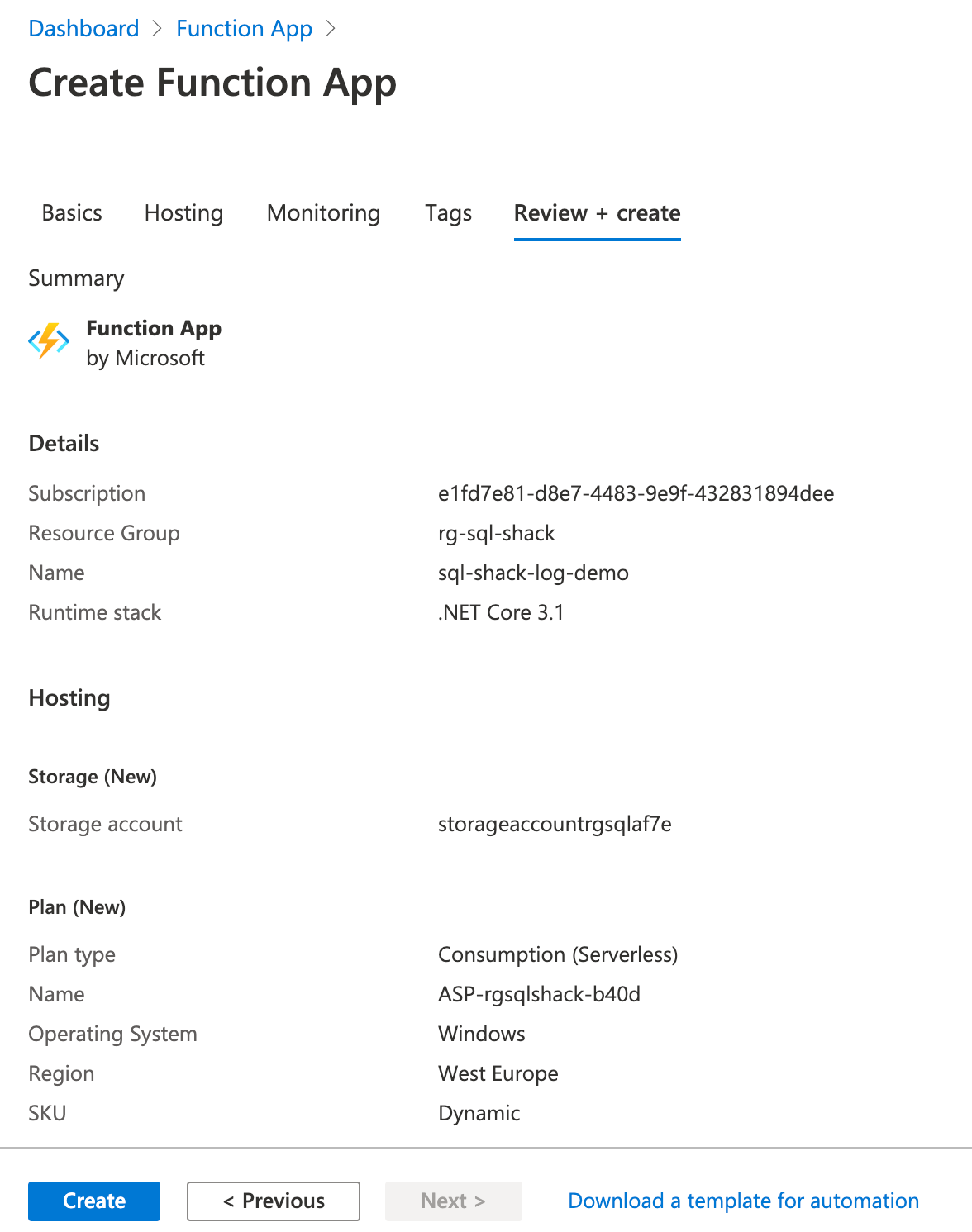 Configuration Details for Azure Function App