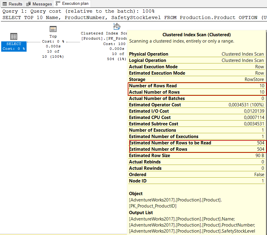 Row goal feature and its effects in an execution plan