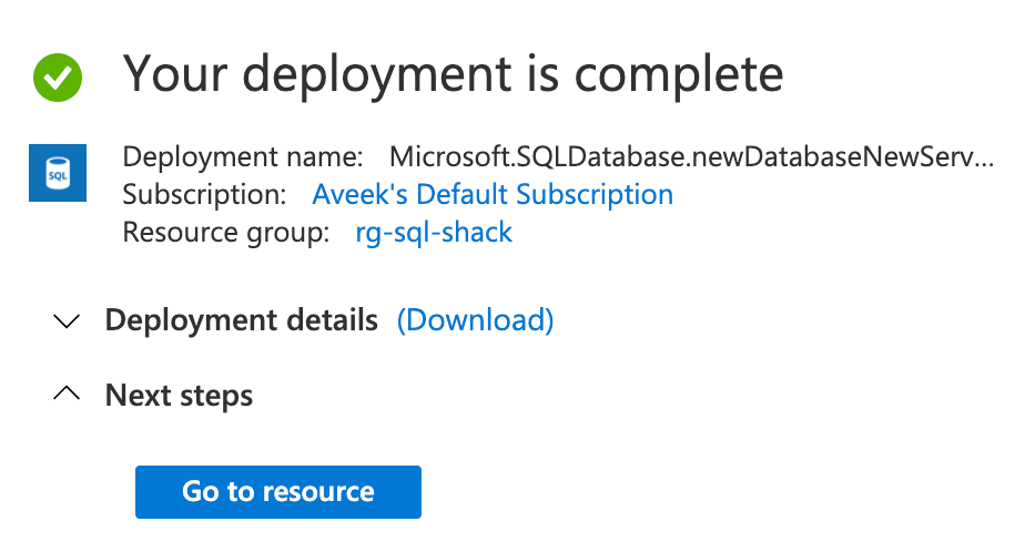 SQL Database Deployed Successfully