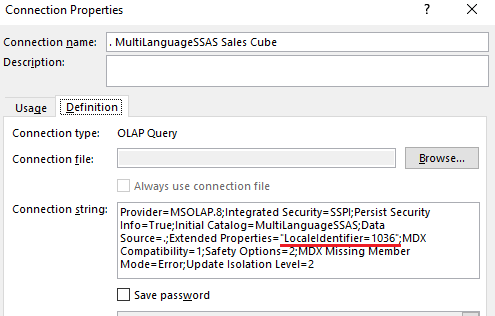 Modifing the connection properties in Excel to include French Language. 