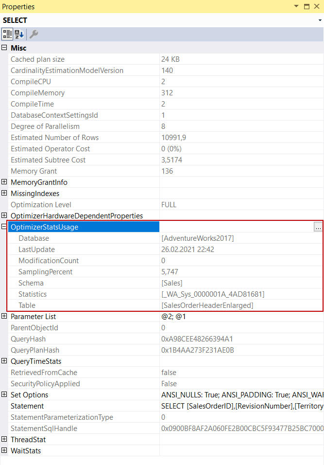 Execution plan OptimizerStatsUsage property 