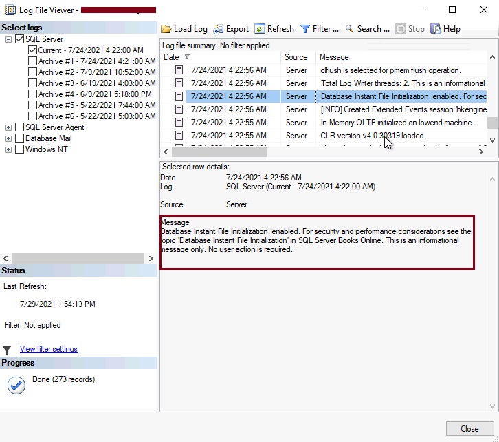 Check Instant File Initialization using error log file