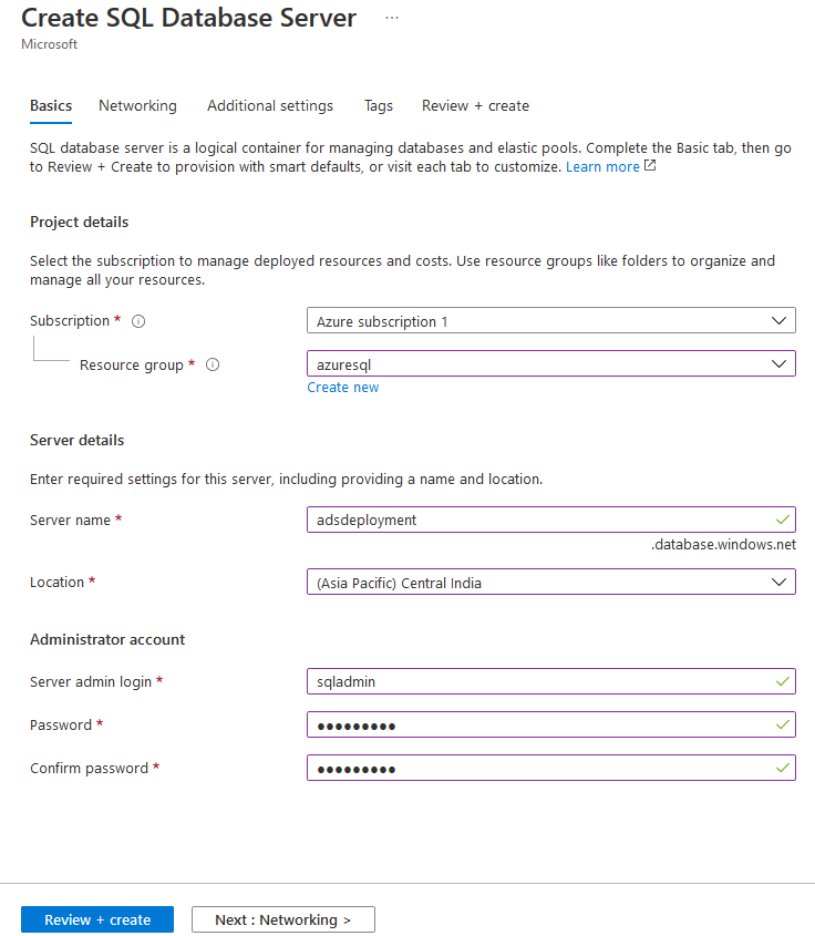 Create SQL Database server