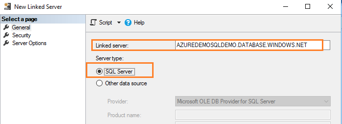 Enter Azure server FQDN